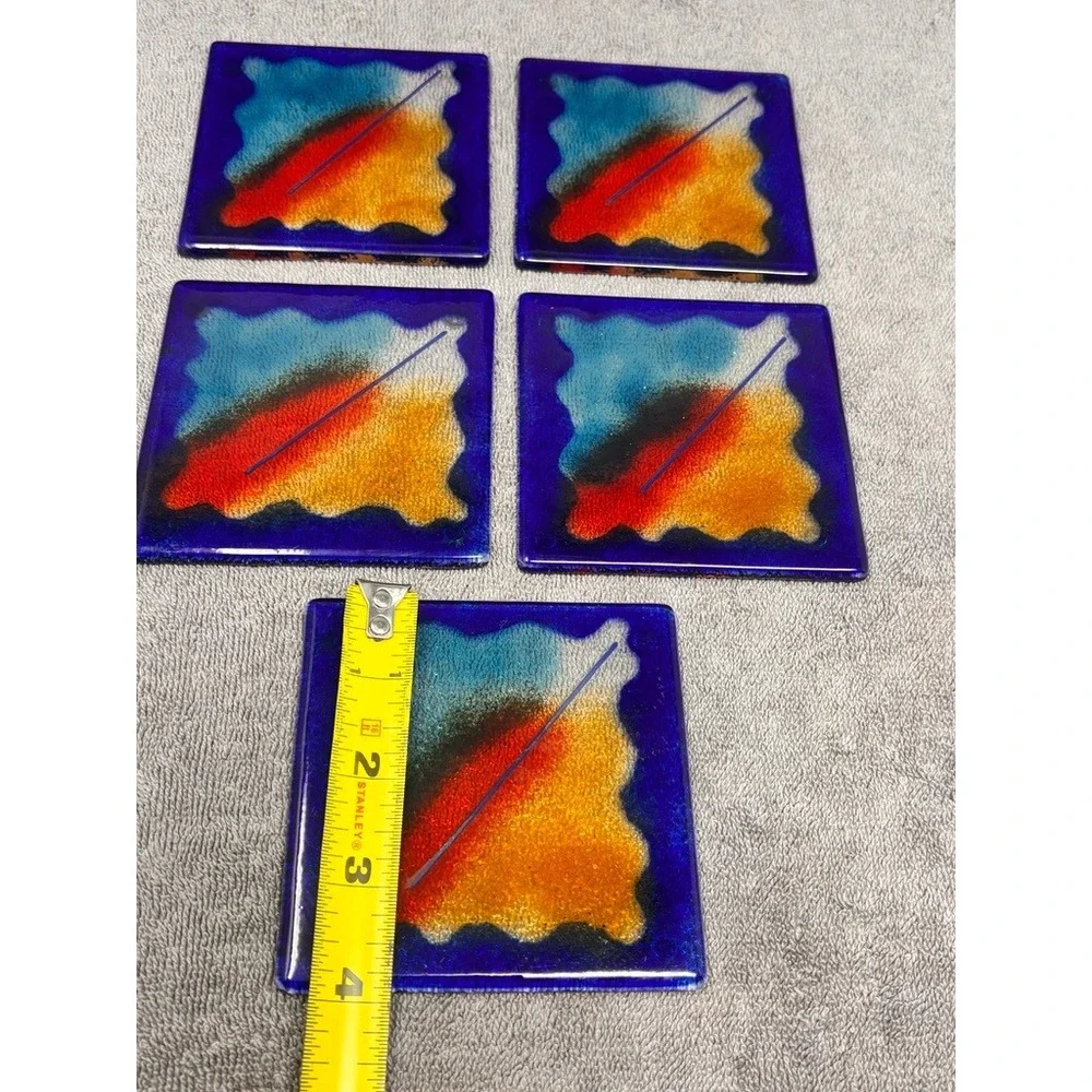Vintage Studio Art Glass Coasters Set of 5 Blue Abstract Handmade Fused Glass
